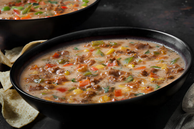 A close-up of a hearty bowl of soup filled with meat and colorful vegetables, served with tortilla chips on the side.