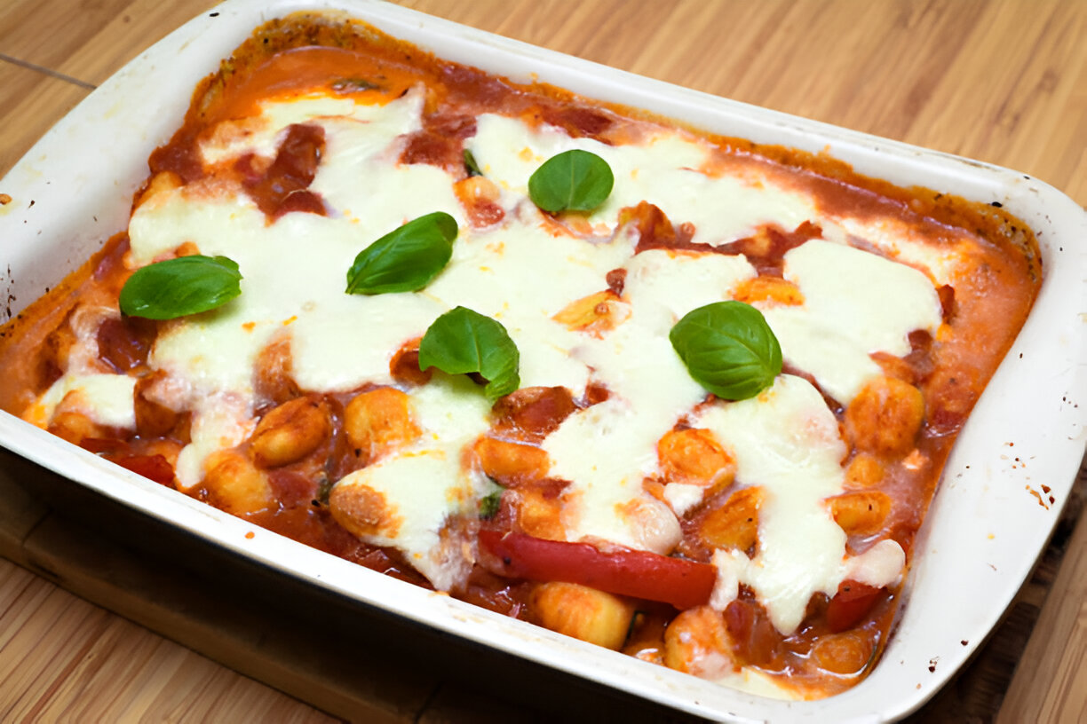A delicious baked dish of gnocchi in tomato sauce topped with mozzarella cheese and fresh basil leaves.