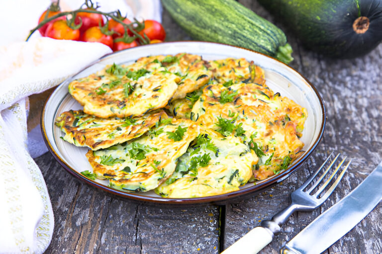 Plate of golden brown zucchini fritters garnished with fresh herbs, served with cherry tomatoes and zucchini in the background.