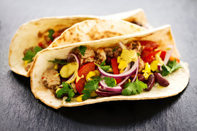 Two tacos filled with a mix of meat, beans, tomatoes, and fresh vegetables on a dark surface