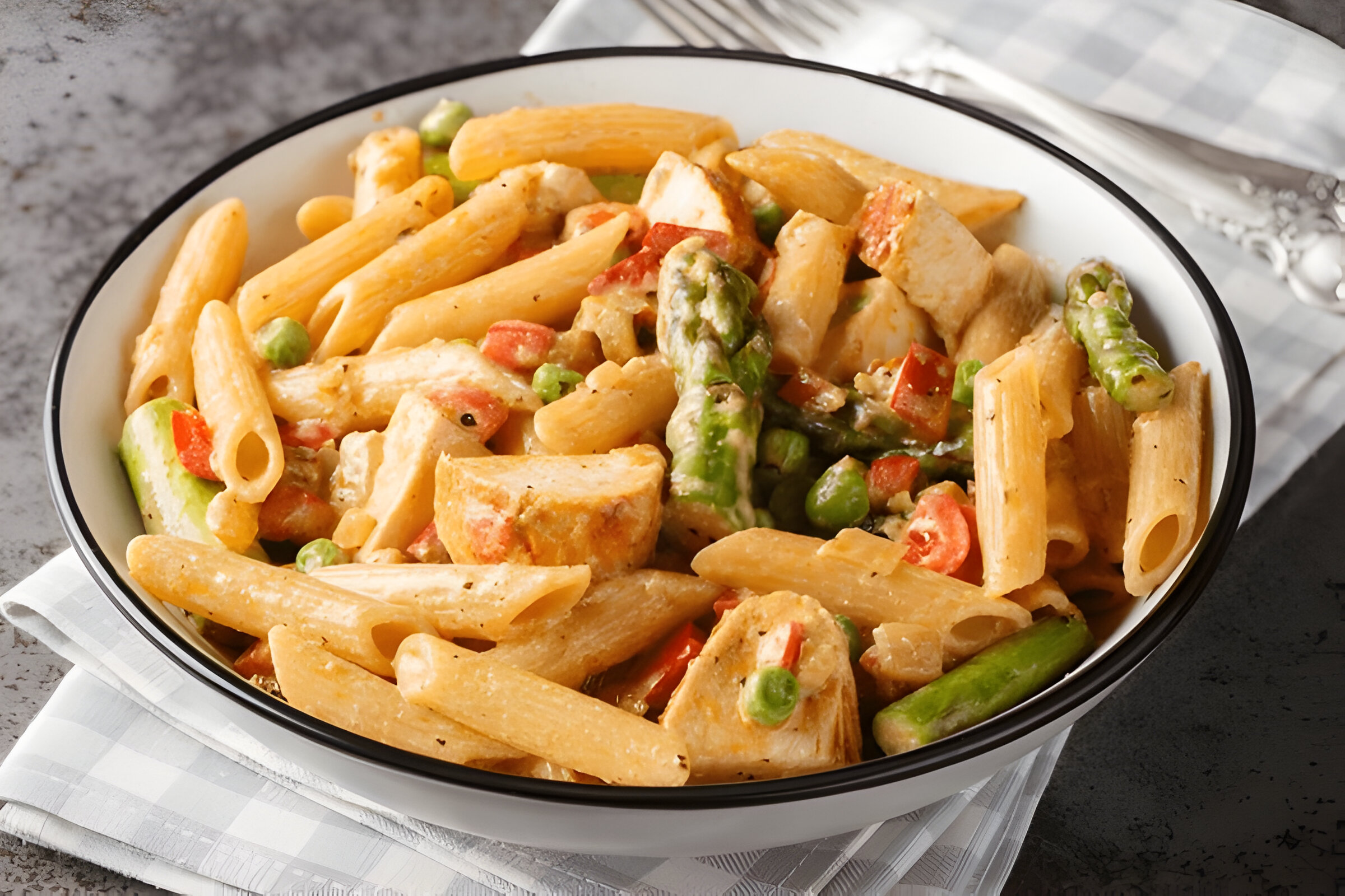 A close-up of a bowl of pasta, featuring penne, chicken, and fresh vegetables like asparagus and peas in a creamy sauce.