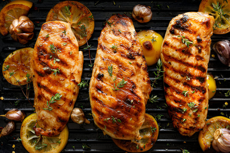 Three grilled chicken breasts garnished with thyme and served with grilled lemon slices and shallots on a black grill pan.