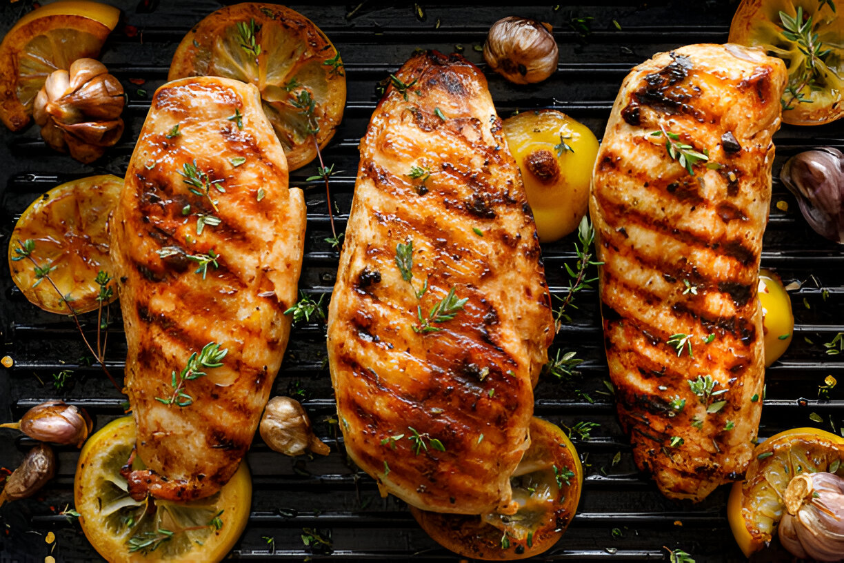 Three grilled chicken breasts garnished with thyme and served with grilled lemon slices and shallots on a black grill pan.