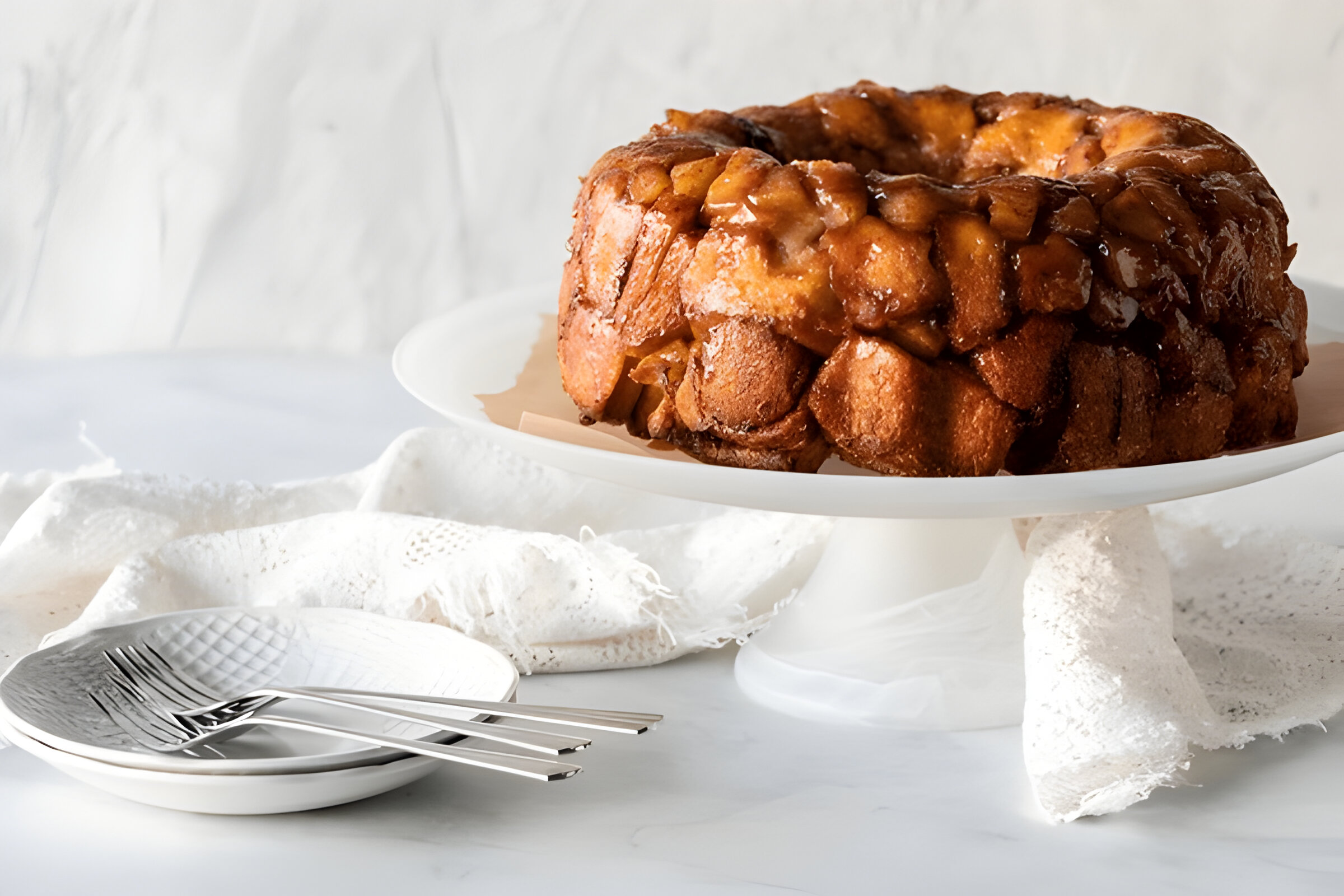 A beautifully presented monkey bread on a white cake stand, surrounded by white plates and forks on a light-colored table.