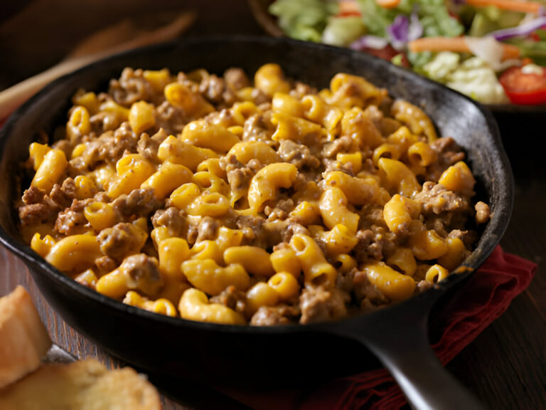 A cast-iron skillet filled with creamy macaroni and cheese mixed with ground beef, alongside slices of bread and a fresh salad in the background.