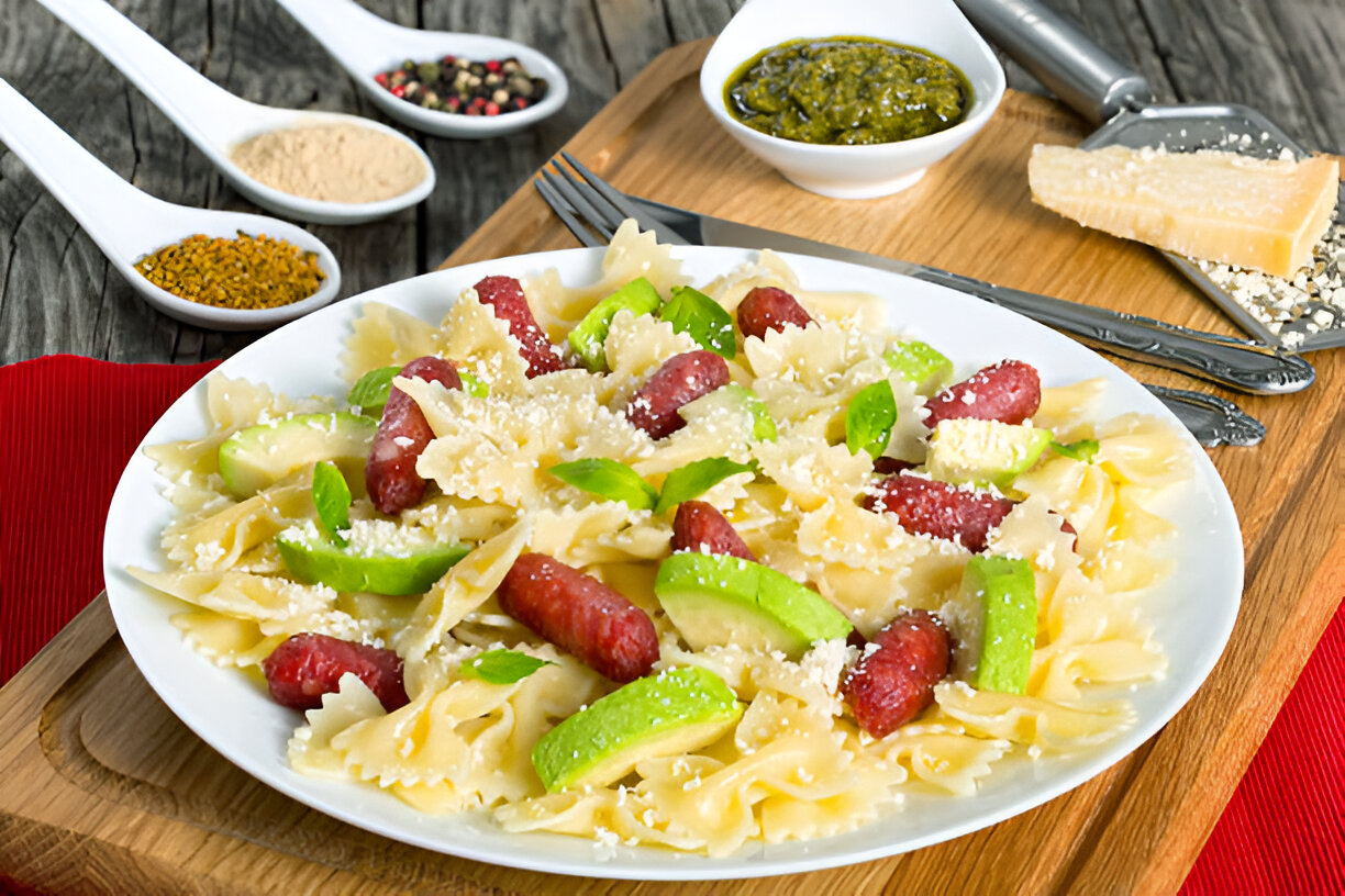 A plate of farfalle pasta with sausages and green apple slices, garnished with grated cheese, surrounded by bowls of spices and pesto on a wooden surface.