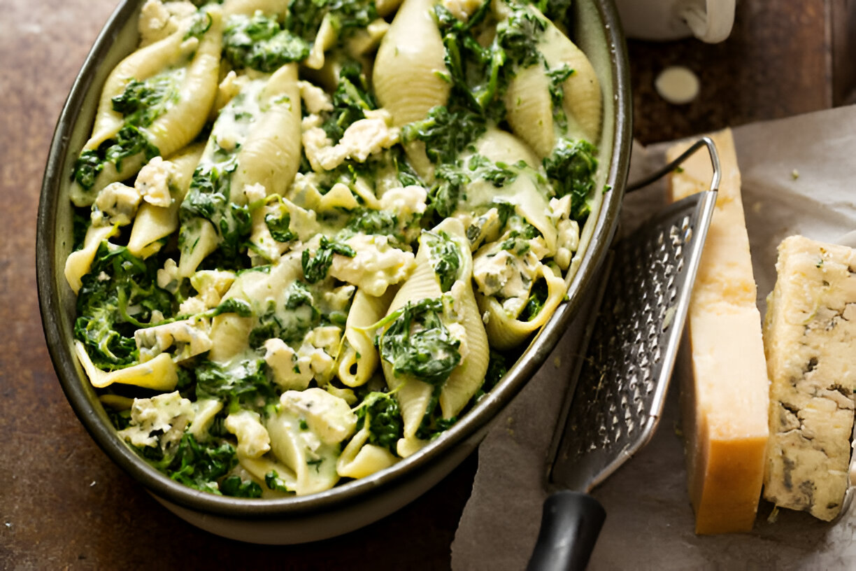 A dish of creamy spinach stuffed shell pasta with a side of grated cheese.