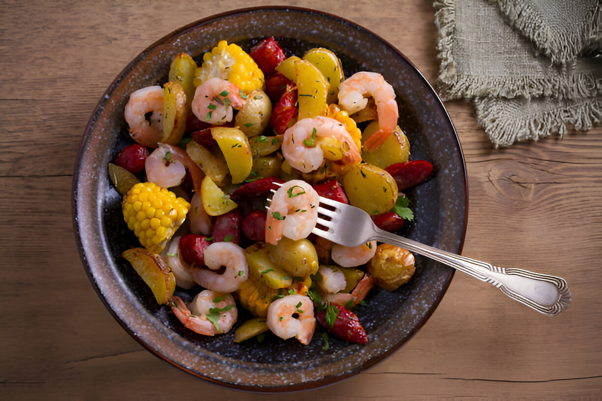 A close-up of a delicious seafood dish featuring shrimp, colorful vegetables, and corn served in a dark bowl on a wooden surface.