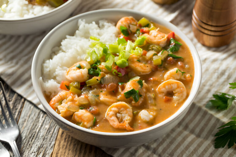 Bowl of shrimp stew served over white rice, garnished with green onions and herbs.