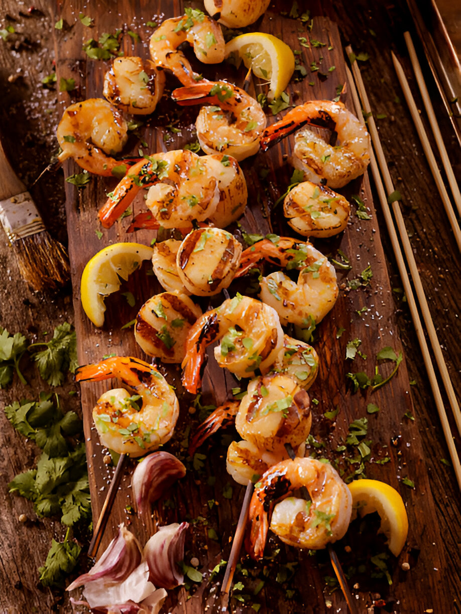 Grilled shrimp skewers garnished with herbs and lemon on a wooden platter
