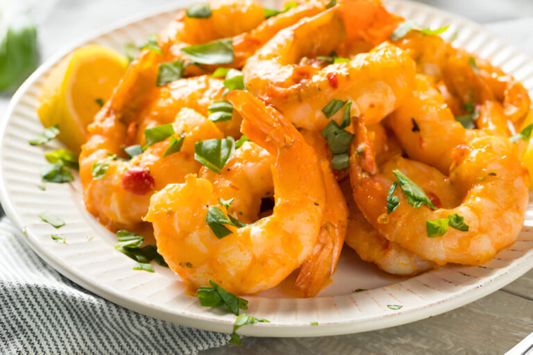 A plate of cooked shrimp garnished with fresh herbs and slices of lemon.
