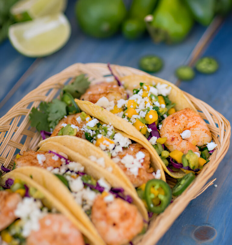 A close-up of shrimp tacos served in a woven basket, garnished with vegetables and herbs.