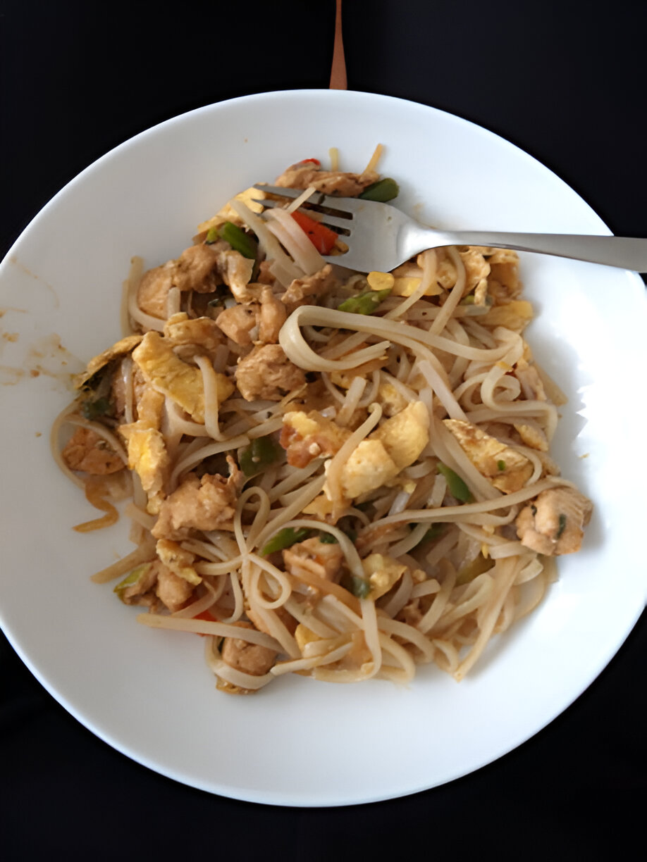 A plate of stir-fried noodles with chicken, vegetables, and egg.