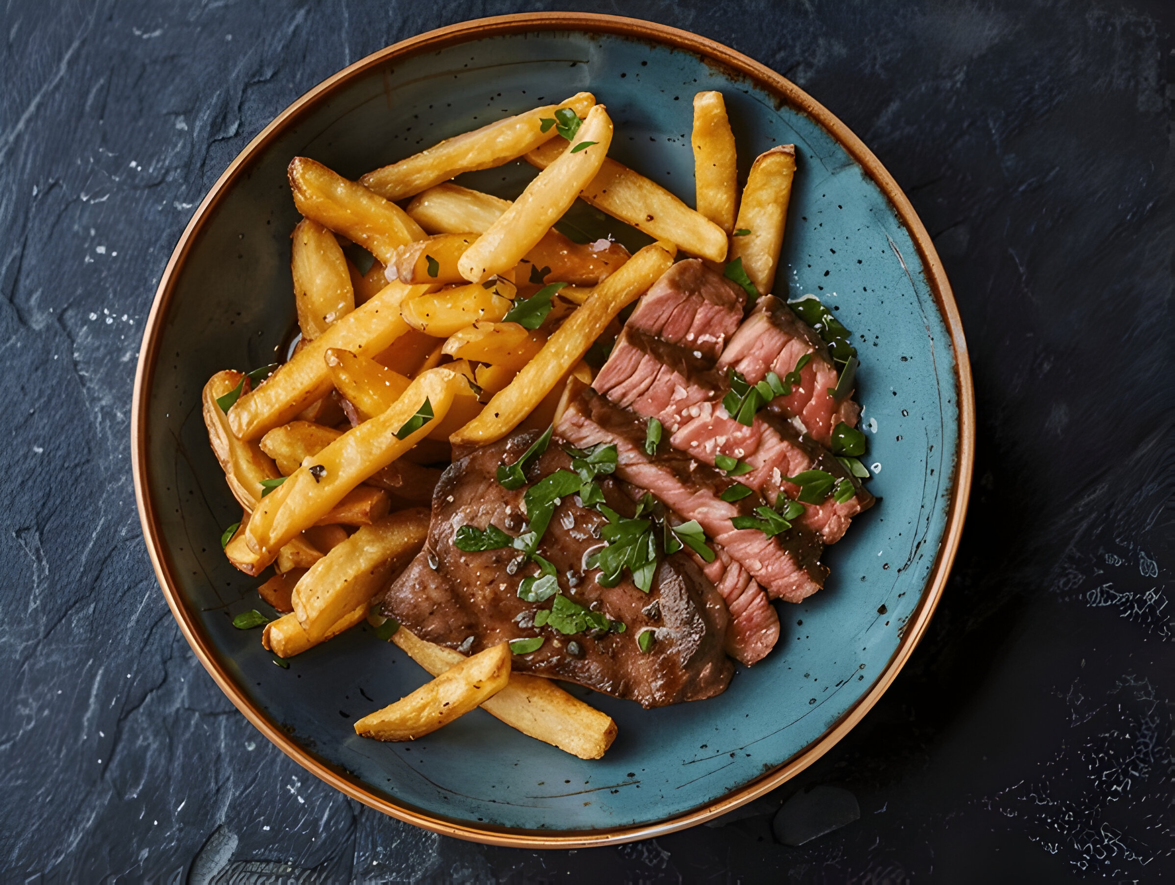 A delicious plate of steak served with crispy golden fries, garnished with fresh herbs.